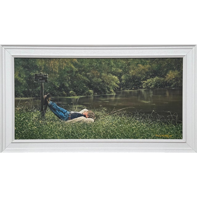 Young Boy Fishing by a Beautiful Riverside in Lush Green English Countryside 1995 For Sale