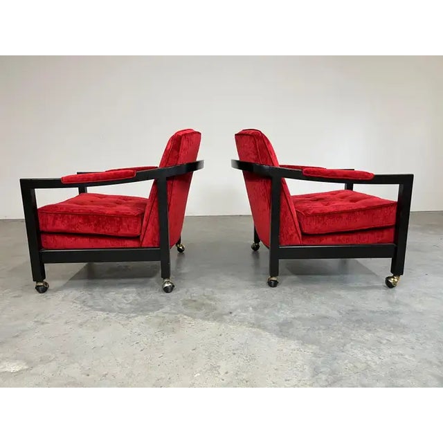 Mid-Century Modern Milo Baughman Style Directional Deep Red Velvet & Ebony Mahogany Club Chairs For Sale - Image 3 of 11