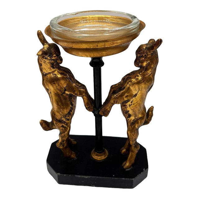 Art Deco 1920s Art Deco Twin Goat Brass Pedestal Ashtray W Glass Insert, Ronson Art Metal Works For Sale - Image 3 of 8