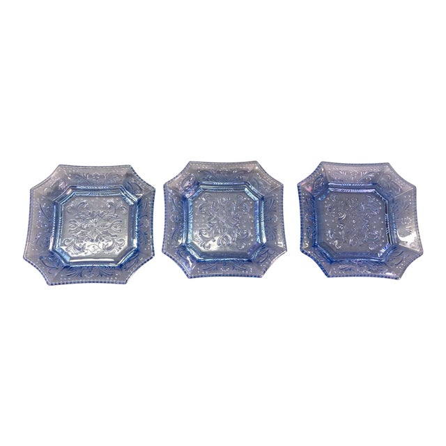 1970s Traditional Blue French Portiex Art Glass Plates - Set of 3 For Sale