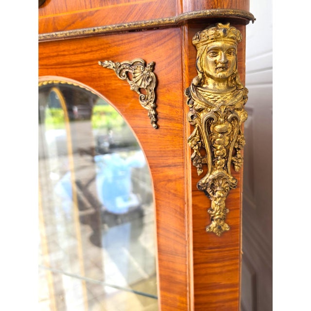 Brown French Louis XV Marquetry Display Cabinet Figural Mounts Porcelain Medallions For Sale - Image 8 of 18