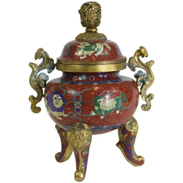 Republic Period Chinese Cloisonne Gilt Tripod Lidded Censer For Sale - Image 11 of 11