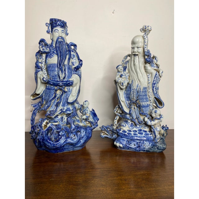 Vintage Chinese Blue & White Figures - Set of 2 For Sale - Image 13 of 13