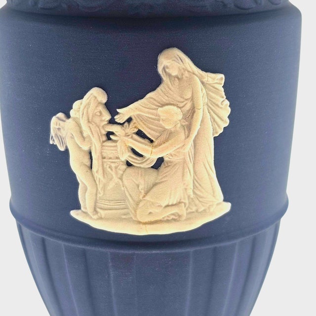 Late 20th Century Wedgwood Jasperware Neoclassical Dark Blue Urn Vase With Relief Figures, England For Sale - Image 5 of 10
