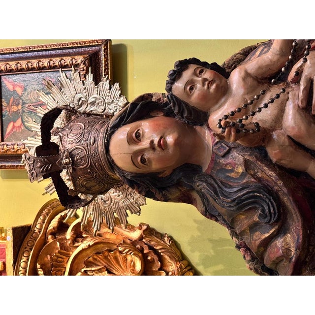 Baroque Virgin and Child with Peruvian Silver Crown, Spain, 18th Century For Sale - Image 6 of 12