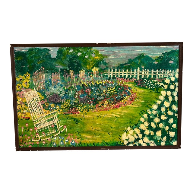 1960s Mid-Century Folk Art Painting Oil on Board, Framed For Sale