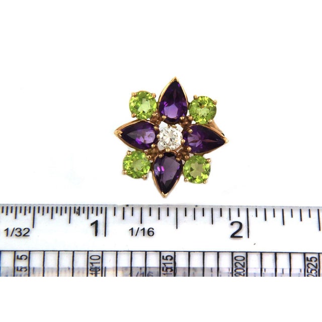 Estate 10.60ct Diamond Peridot Amethyst 14k Gold Flower Earrings, 2 pieces For Sale - Image 4 of 5