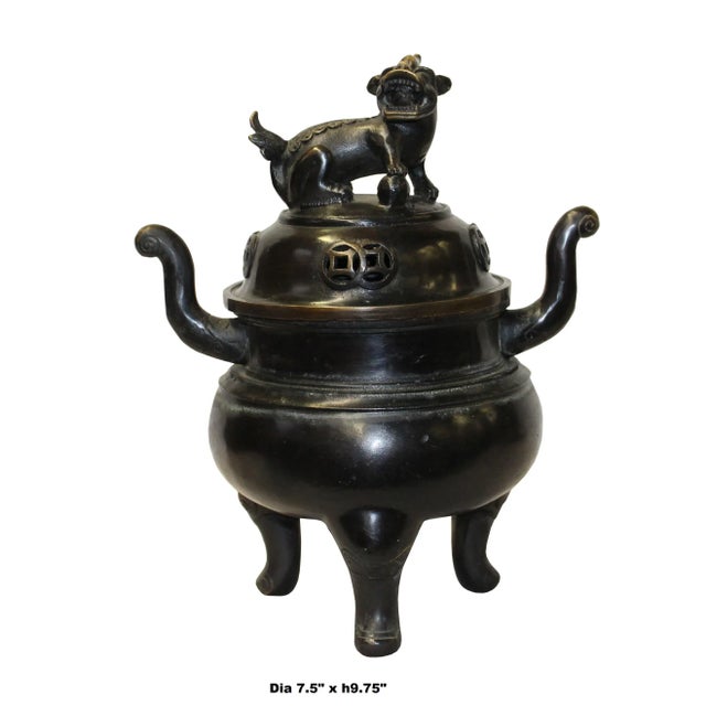 Chinese Oriental Dark Brown Bronze Metal Incense Burner Display For Sale In San Francisco - Image 6 of 7