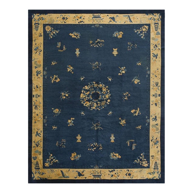 Antique Chinese Peking Rug Classic Greek Key Hand Knotted Wool 1920s 9'1" X11'8" For Sale