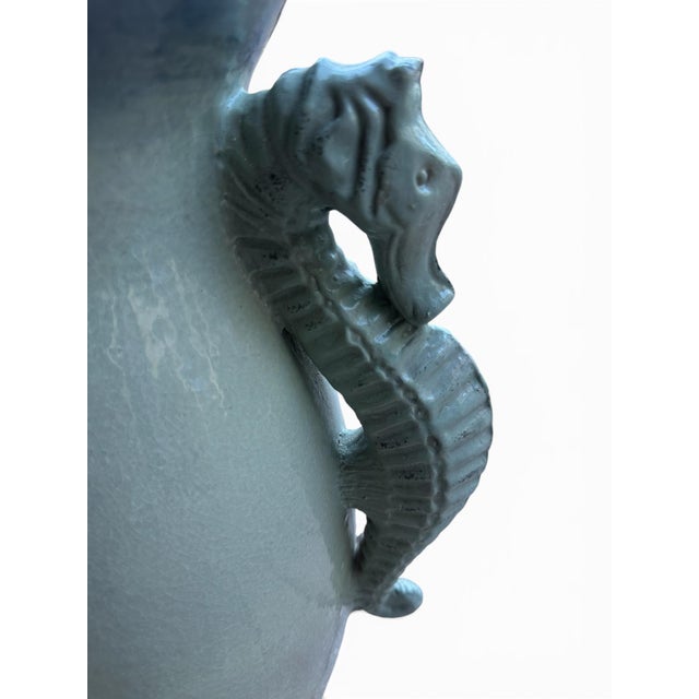 Mediterranean Vintage Coastal Seahorse Handle Pottery Vase - Turquoise Glazed Vessel For Sale - Image 3 of 5
