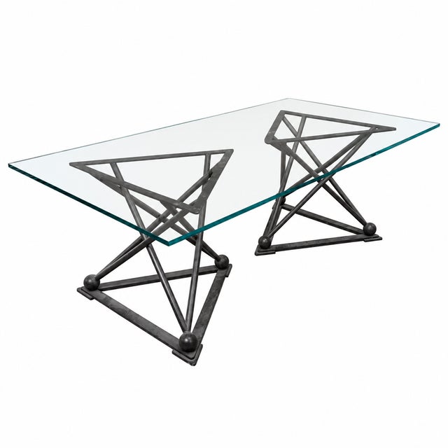 Formations Dual Iron Pedestal Base Glass Dining Table For Sale - Image 15 of 16