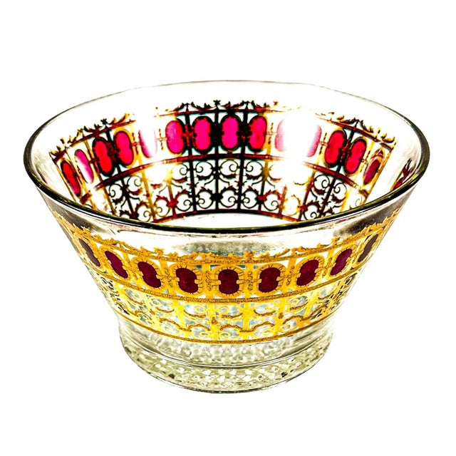 Culver Ltd. Vintage Culver Ltd. Azure Cranberry Scroll 22k Gold Set With Ice Bucket and 8 Double Old Fashion Glasses- 9 Pieces For Sale - Image 4 of 12