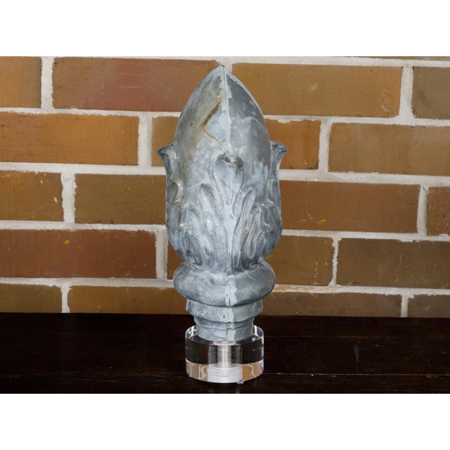 Zinc Crowned Acorn 1920s Decorative Element Mounted on Circular Lucite Base For Sale - Image 4 of 12