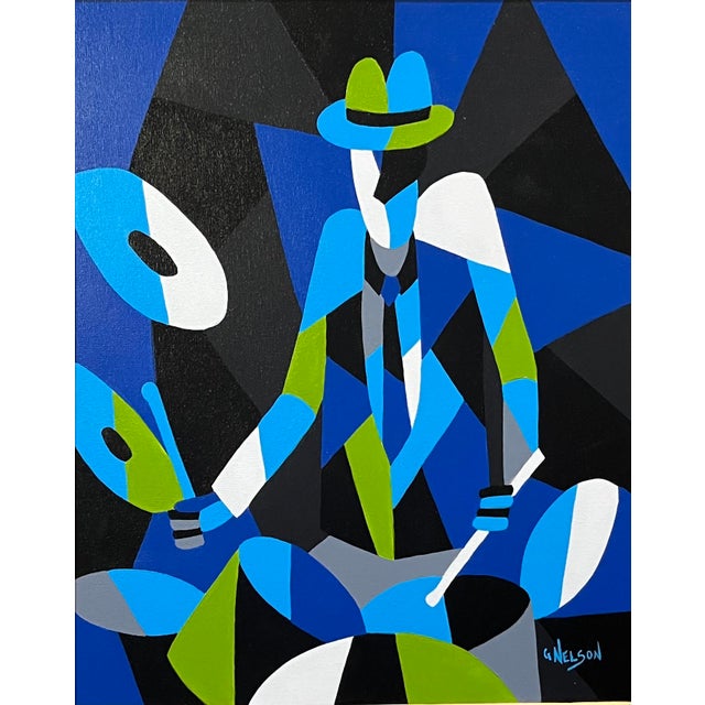 Modern Original Modern Cubist Painting of a Jazz Drummer by G. Nelson For Sale - Image 3 of 8