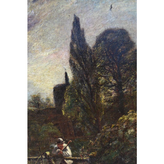 Mid 19th Century Mid 19th Century "English Churchyard at Dusk," Large Moody Gothic Antique Victorian Oil Painting For Sale - Image 5 of 6