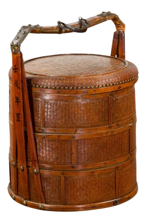 Chinese Nested Bamboo and Rattan Food Basket with Calligraphy and Iron Accents