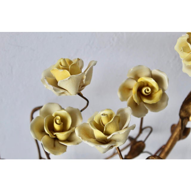 Italian Gilded Tole Porcelain Yellow Roses Leaf Vine Marble Base Table Accent Lamp Vintage Mid-Century For Sale - Image 11 of 17