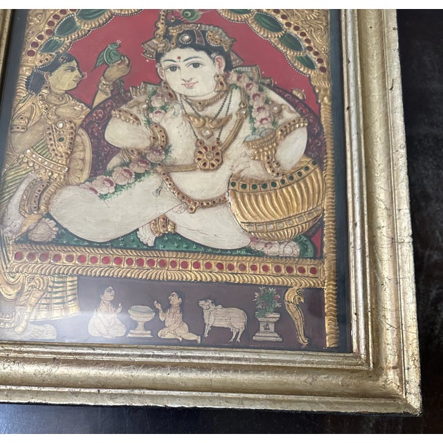 19th Century Tanjore Painting Balakrishna Antique Late Thanjavur India Indian Frame Gilt Wood For Sale In Los Angeles - Image 6 of 9