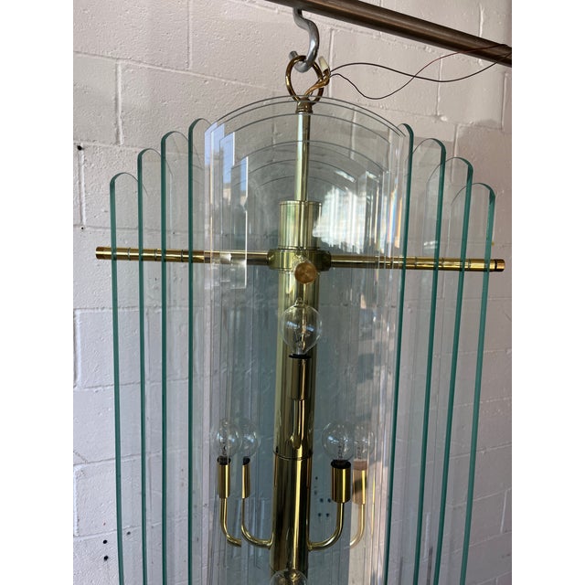 Metal 1970s Modernist Graduated Beveled Glass Chandelier With Brass Accents, 16 Panels For Sale - Image 7 of 10