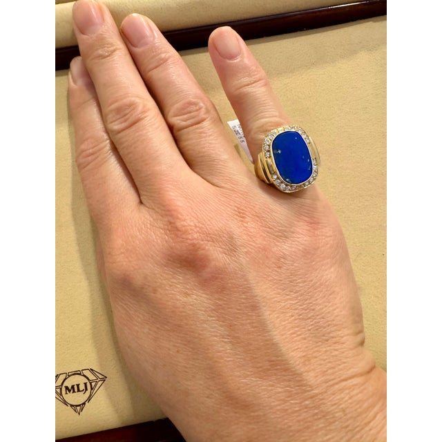 8.5 Ct Emerald cut Natural Lapis Lazuli + Diamond Ring 14 Kt Yellow Gold, 5.5 S For Sale - Image 13 of 18