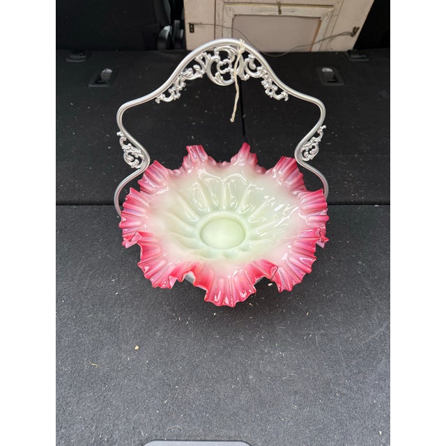 Cranberry Pink Silvercrest Ruffled Uranium Glass Antique Brides Basket For Sale In Atlanta - Image 6 of 9