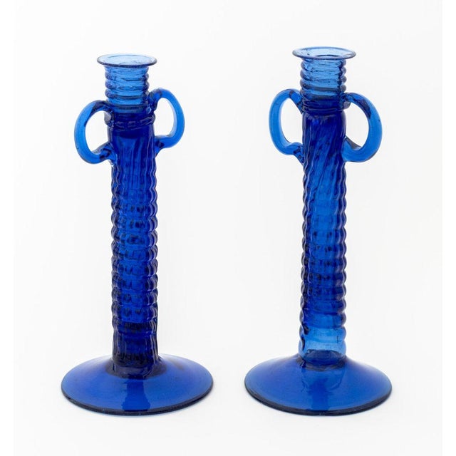 Glass Murano Blue Art Glass Two-Handled Objects, 3 For Sale - Image 7 of 11