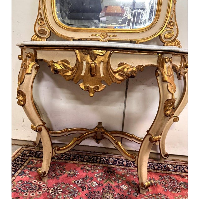 Gold Louis XV Curved Console Table and Mirror in Gilded and Lacquered Wood For Sale - Image 8 of 10
