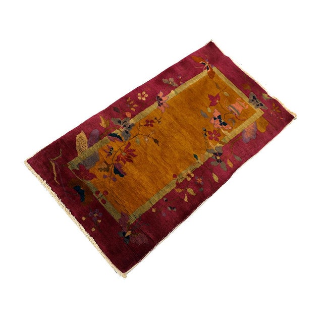 Early 20th Century 1930s Chinese Art Deco Hand-Knotted Red & Golden Wool Rug For Sale - Image 5 of 9