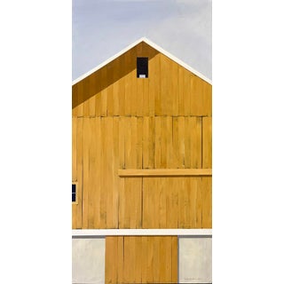 Autumn Afternoon by Justin Wheatley | Acrylic on Panel Yellow Barn With Grey Sky For Sale