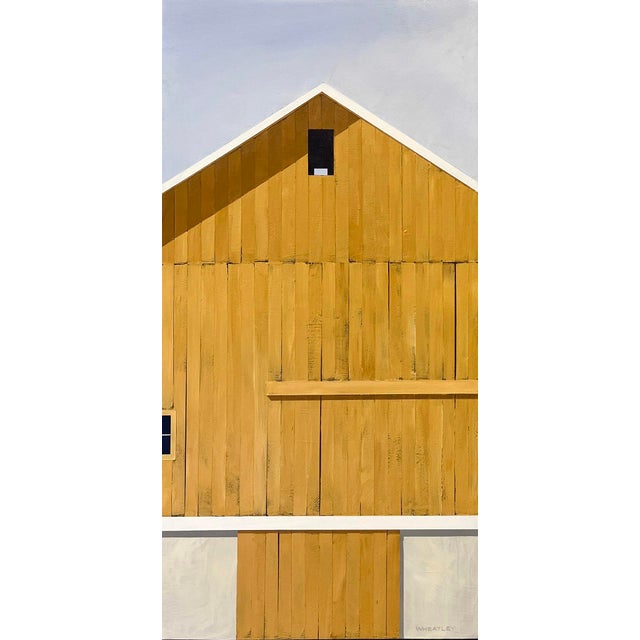 Autumn Afternoon by Justin Wheatley | Acrylic on Panel Yellow Barn With Grey Sky For Sale