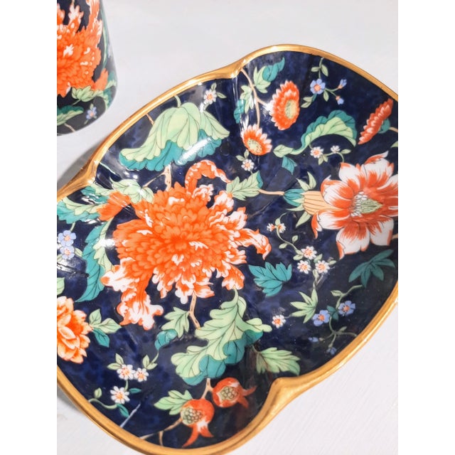 Chinoiserie Irice Chinoserie Navy Orange Floral Soap Dish and Cup For Sale - Image 3 of 5