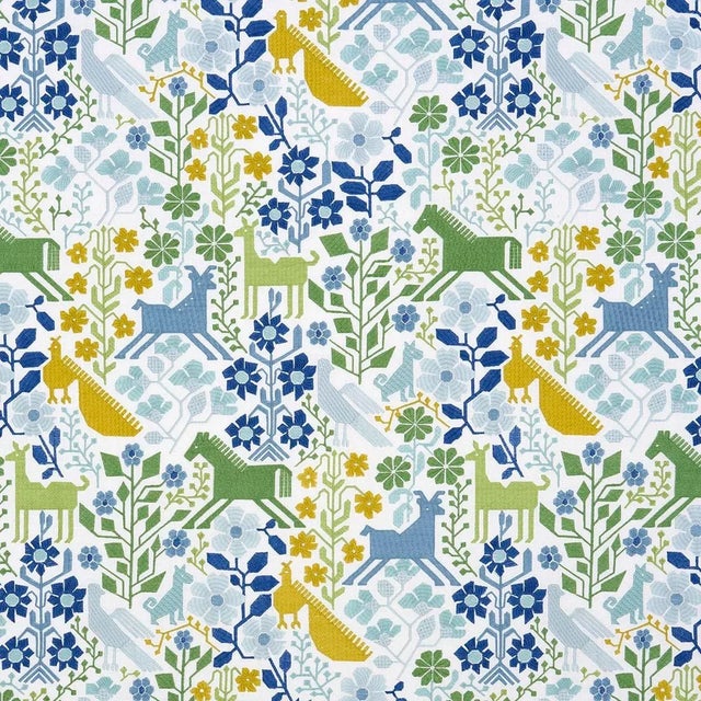 Sample - Schumacher Lupita Embroidery Fabric, Green & Blue For Sale