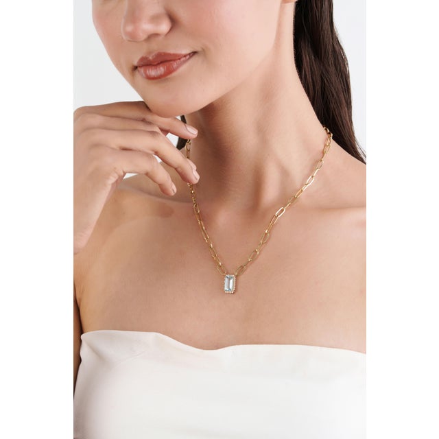 2.26ct Emerald-Cut Aquamarine & Diamond Halo Paperclip Chain Necklace in 14k Gold For Sale - Image 9 of 16