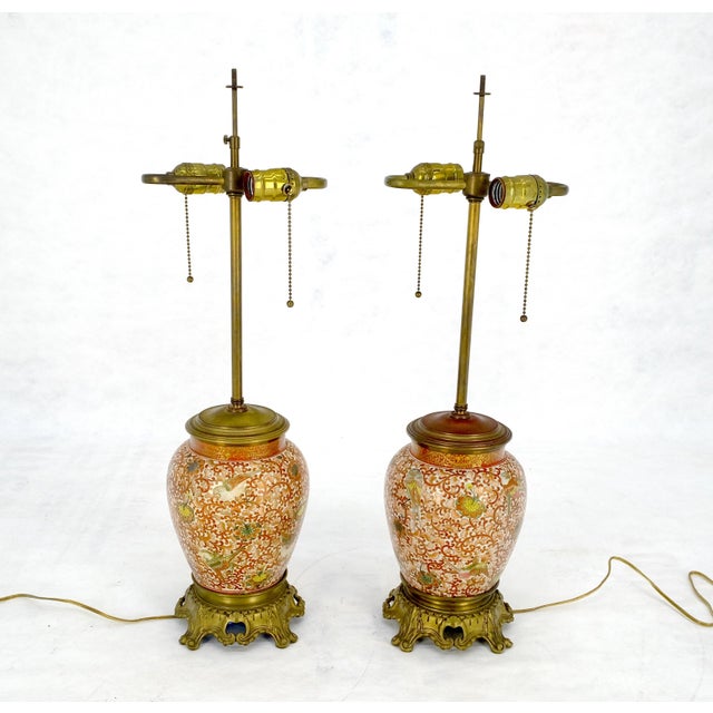 Chinoiserie Very Fine Enamel Decorated Satsuma Style Ceramic Bases Table Lamps For Sale - Image 3 of 14