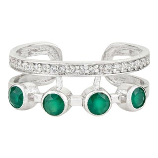 Geometric Green Onyx & Zircon Double Band Ring in 925 Silver, Size 7.5 For Sale