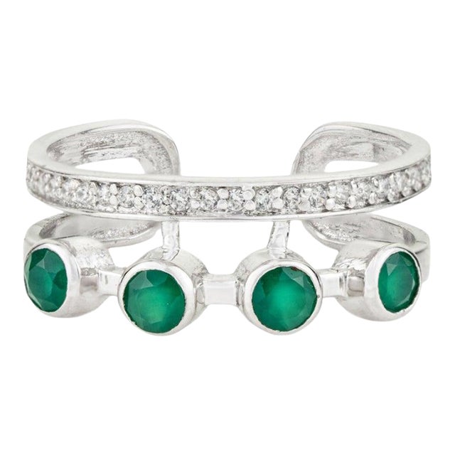 Geometric Green Onyx & Zircon Double Band Ring in 925 Silver, Size 7.5 For Sale
