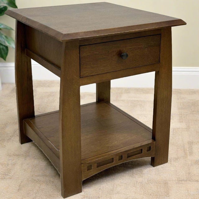 Wood Mission Quarter Sawn White Oak 1 Drawer Inlay End Table - Walnut Stain For Sale - Image 7 of 8