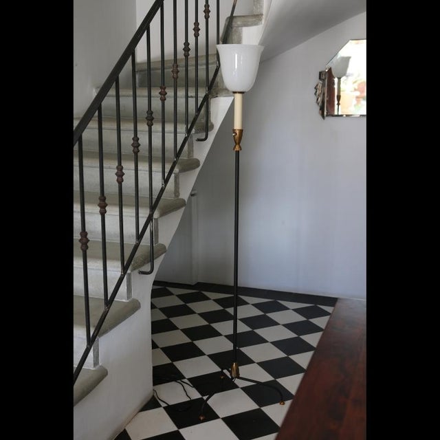 Large Vintage French Art Deco Floor Lamp in Metal and Opaline Glass, France, 1920 For Sale - Image 10 of 12