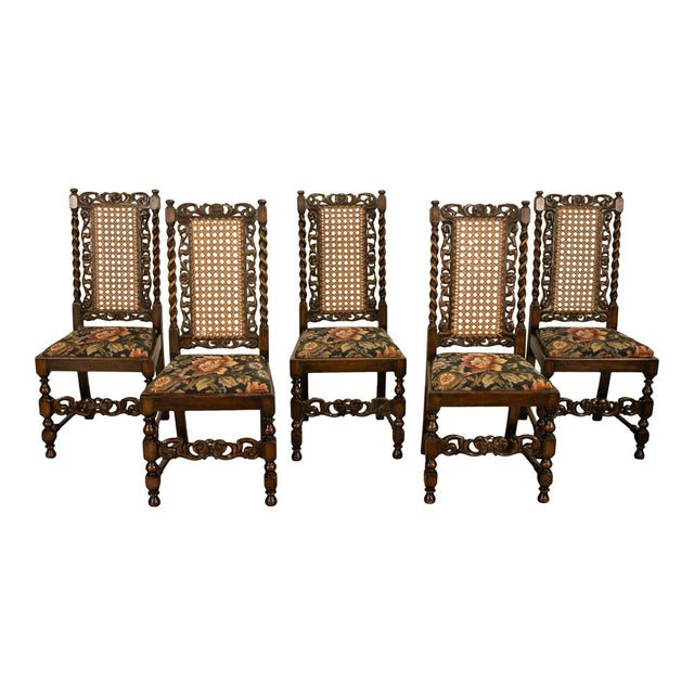 Wood Antique 19thC Set 6 Carved Caned Jacobean Barley Twist Walnut Dining Chairs 1870 For Sale - Image 7 of 18