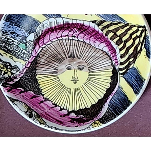 Piero Fornasetti Piero Fornasetti “12 Mesi, 12 Soli” Porcelain Coaster, August, Sun in a Seashell, Framed For Sale - Image 4 of 5
