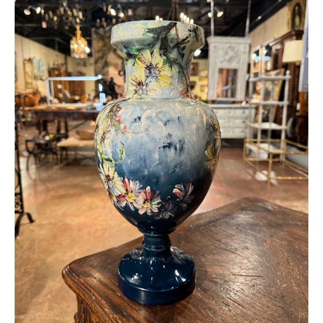 French 19th Century French Hand-Painted Floral Barbotine Vase Signed P. Perret For Sale - Image 3 of 8