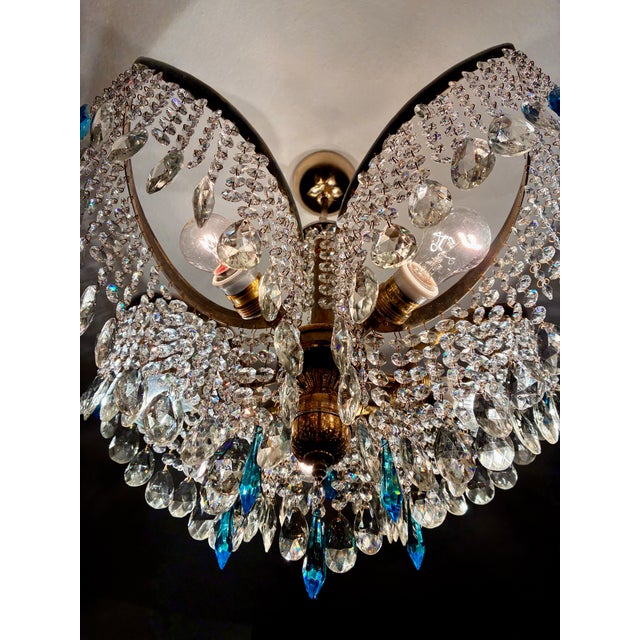 1960s Mid-Century Modern Crystal Chandelier With Aqua Blue Drops - Solid Brass Leaf Design Lighting - Rewired & Working⁠ For Sale - Image 9 of 18