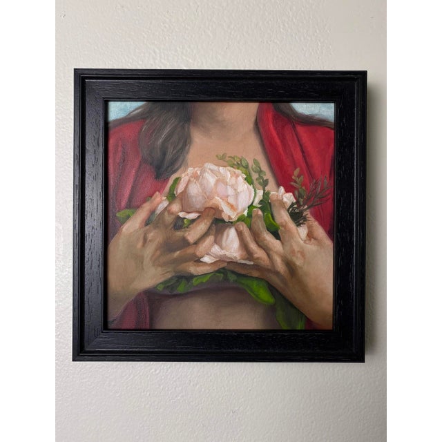 This oil painting on Artefex panel features a figure holding delicate peonies close to their chest, enveloped in a deep...