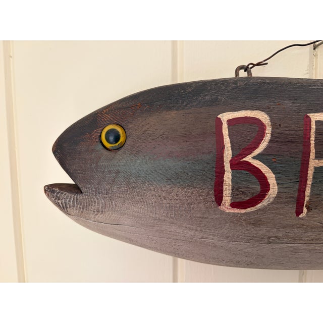 Mid 20th Century Vintage New England-Style Hand-Carved Fish Bait & Tackle Folk Art Sign For Sale - Image 5 of 13