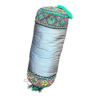 1970s Embroidered Blue Silk Tassel Bolster Pillow For Sale