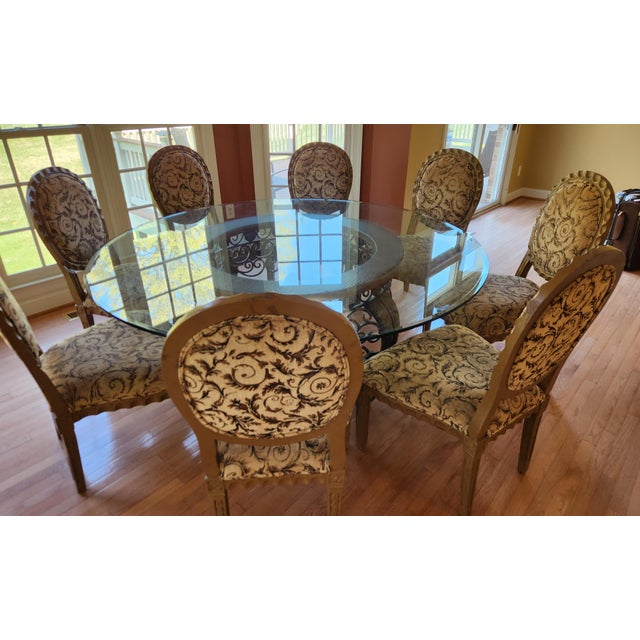 Custom Round Glass Dining Table With Eight Matching Chairs For Sale In Washington DC - Image 6 of 10