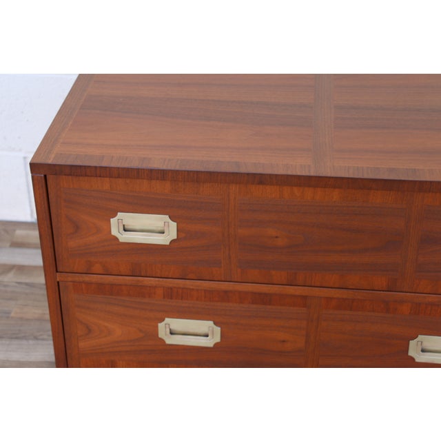 Pair of Mid-Century Modern Campaign Walnut Nightstands by Baker Milling Road | Brass Hardware, Circa 1960s For Sale - Image 11 of 18