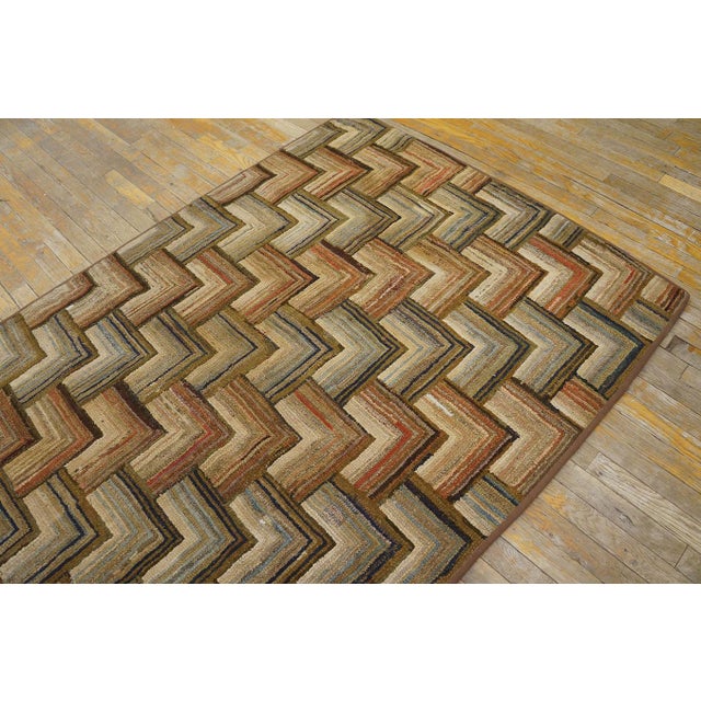 1890s Multicolor Geometric Folk Art Antique American Hooked Rug 4'3" X 7'2" Handknotted Wool Carpet For Sale - Image 4 of 6