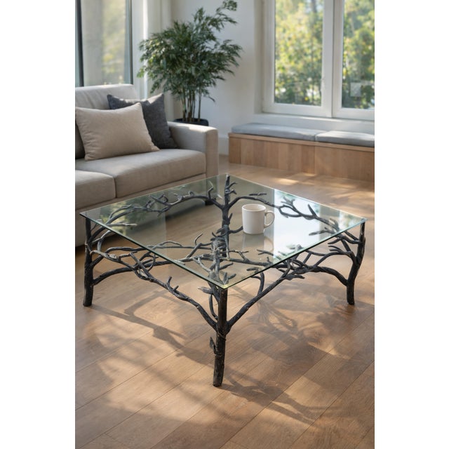 Elegant handcrafted wrought iron base sculpted in the manner of Diego Giacometti, featuring stylized tree branches and...