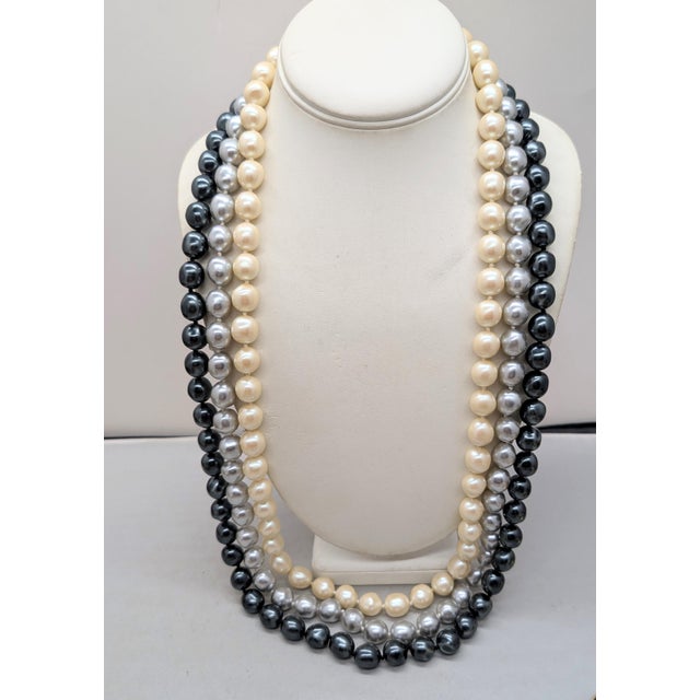 Metal Vintage 1980s Signed Les Bernard 3-Strand Faux-Pearl Necklace For Sale - Image 7 of 11